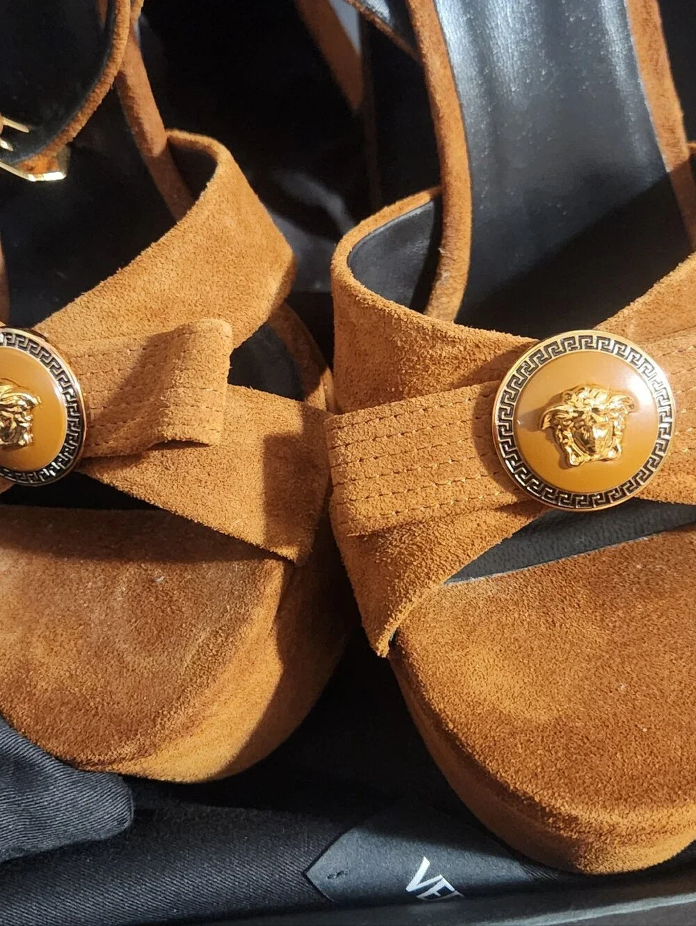 Versace Brown Suede Gianna Platform Bow Open Toe Medallion NEW